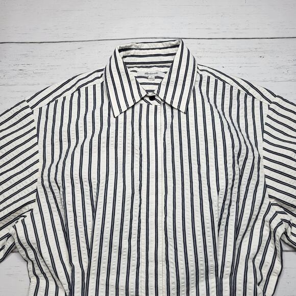 Madewell Tucked Mini Shirtdress White Gray Blue Stripe Roll Sleeve Dress Small 4 - Picture 5 of 10